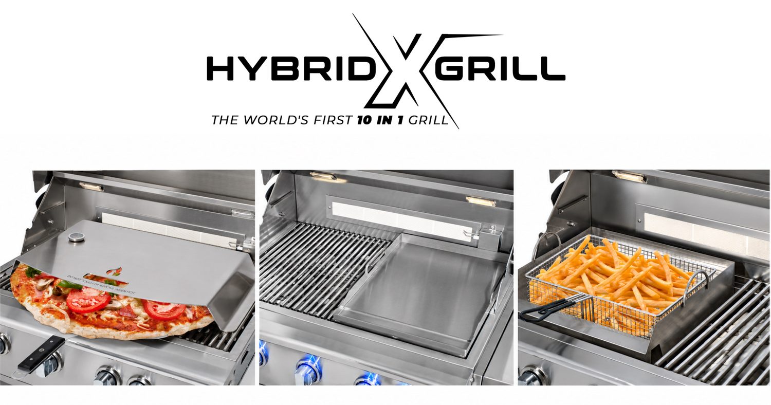 Three images of a stainless steel grill: left with a pizza, center with a griddle, right with a basket of fries. Text reads “HYBRID X GRILL: THE WORLD’S FIRST 10 IN 1 GRILL.”.