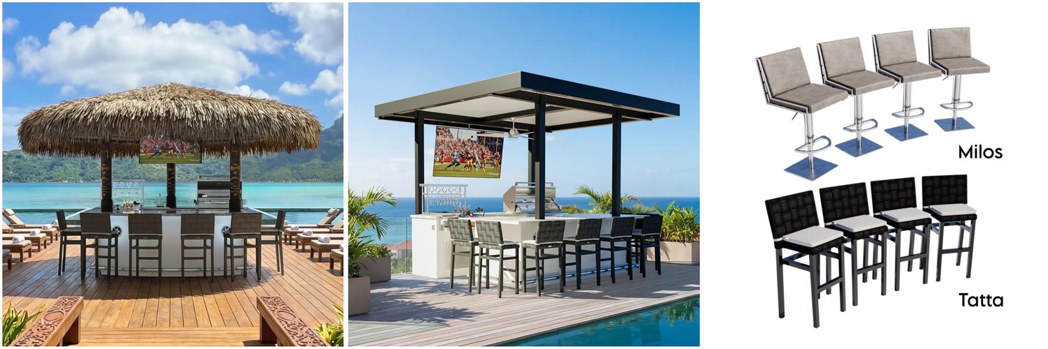 Three panels: A thatched-roof tiki bar by the water, a modern poolside bar with a roof and TV, and two sets of outdoor bar stools labeled “Milos” (grey, sleek base) and “Tatta” (black, woven look with white cushions) on a white background.