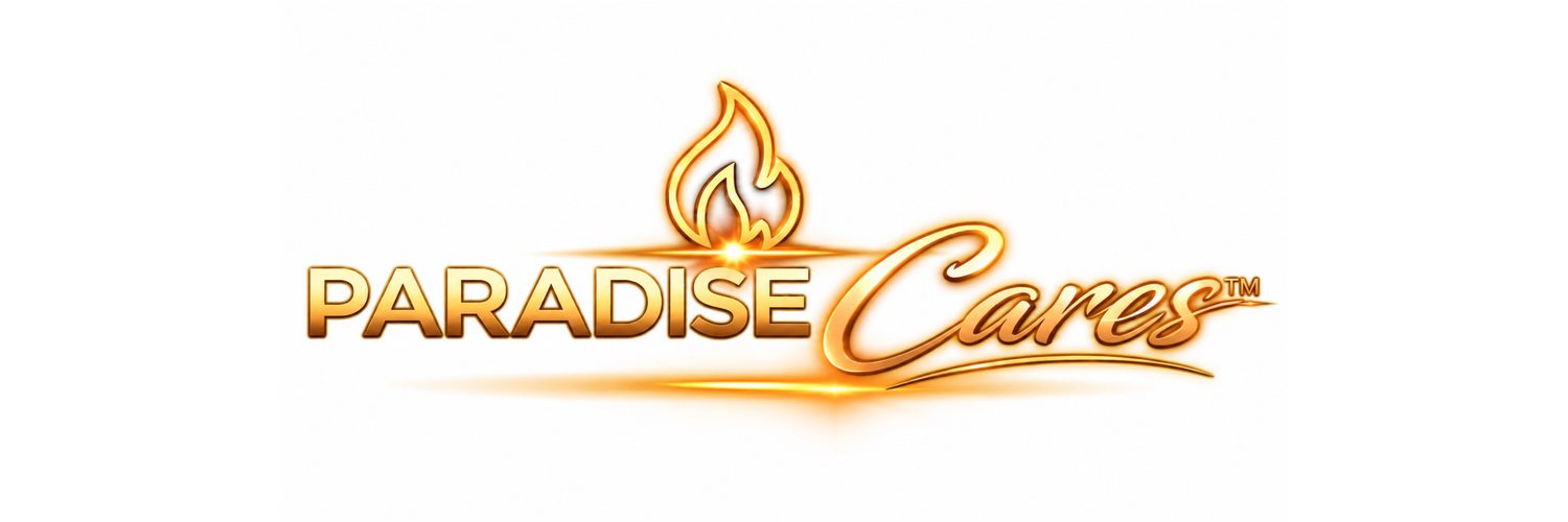 The image shows the words “PARADISE Cares™” in gold letters with a flame design above the text and a golden underline beneath “Cares.”.