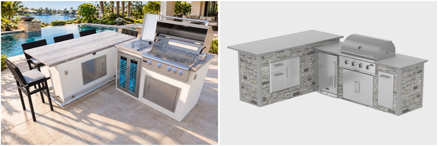 Two outdoor kitchen islands: one by a pool with chairs, grill, and fridge; the other is a digital rendering of an L-shaped island with a grill and stone finish.