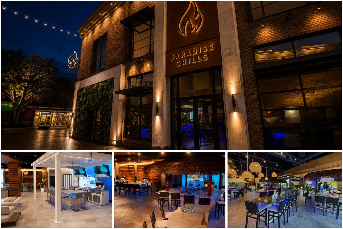 Collage of Paradise Grills showroom exterior at night, warmly lit with neon accents, and three interior shots featuring modern seating, bar areas, and tropical decor.