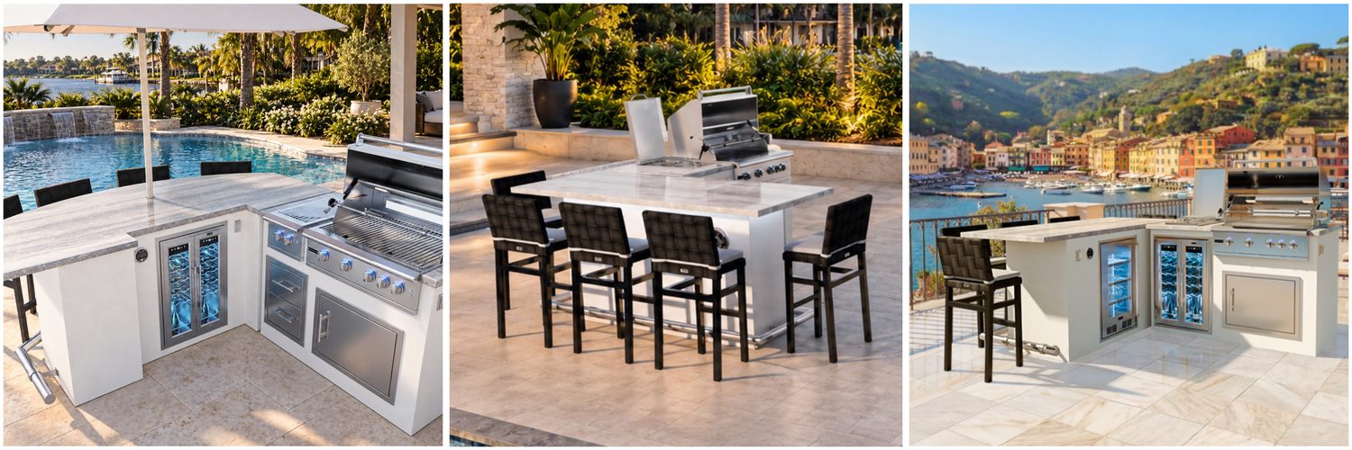 Three outdoor kitchen islands featuring built-in stainless steel grills, storage cabinets, and glass-front beverage coolers, with bar seating on stone patios.
