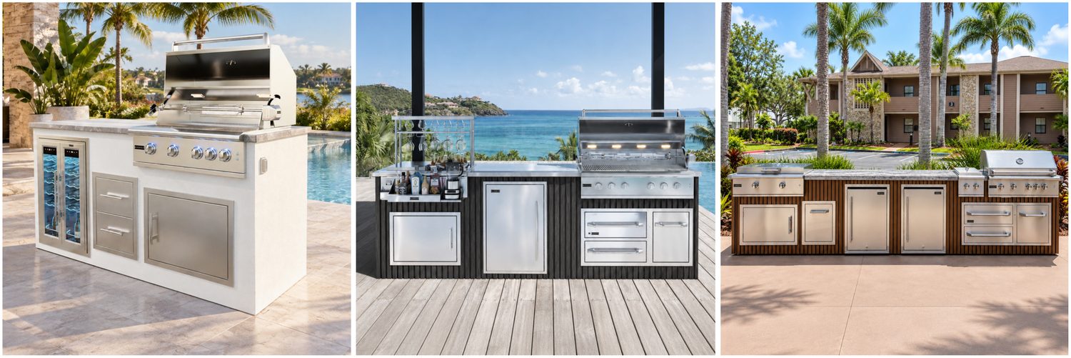 Three outdoor kitchen islands featuring stainless steel built-in grills, storage cabinets, and refrigerators on poolside and patio settings.
