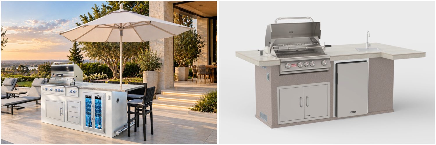 Side-by-side images of outdoor kitchens: one set up by a patio with an umbrella and chairs, the other a product photo of a stainless steel grill island with a sink and storage.