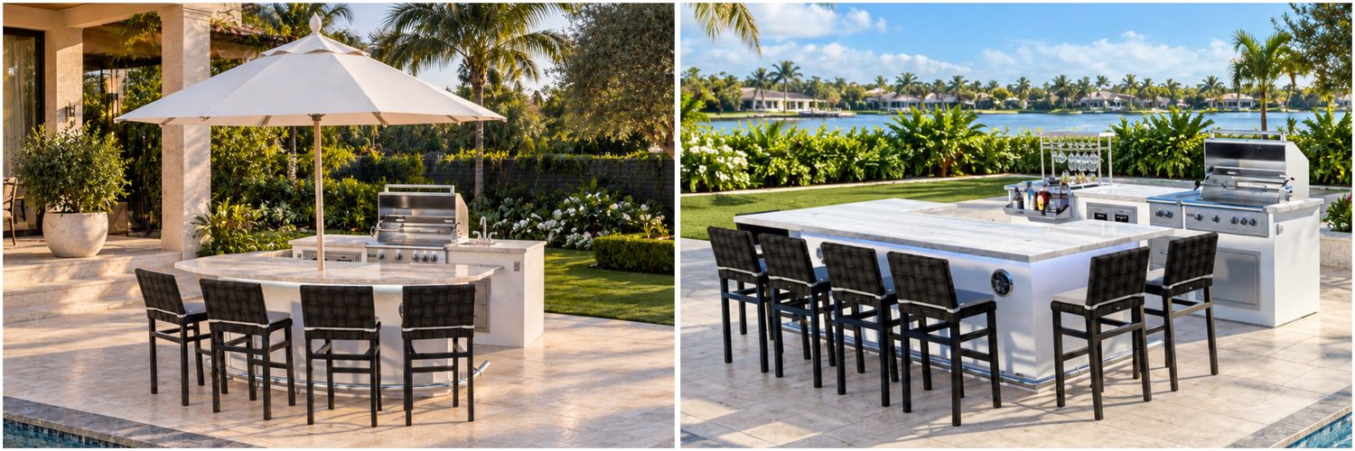 Two views of an outdoor kitchen island with a marble countertop, built-in grill, and bar seating on a stone patio overlooking a lake.
