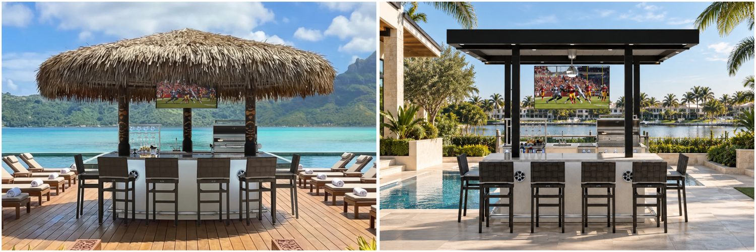 Two side-by-side images of outdoor bar islands featuring built-in grills, TVs displaying football games, and bar seating overlooking swimming pools.