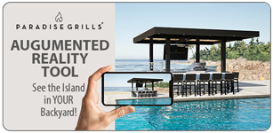 view-in-ar - Paradise Grills A hand holds a smartphone displaying an augmented reality view of a Paradise Grills outdoor kitchen island by a pool.